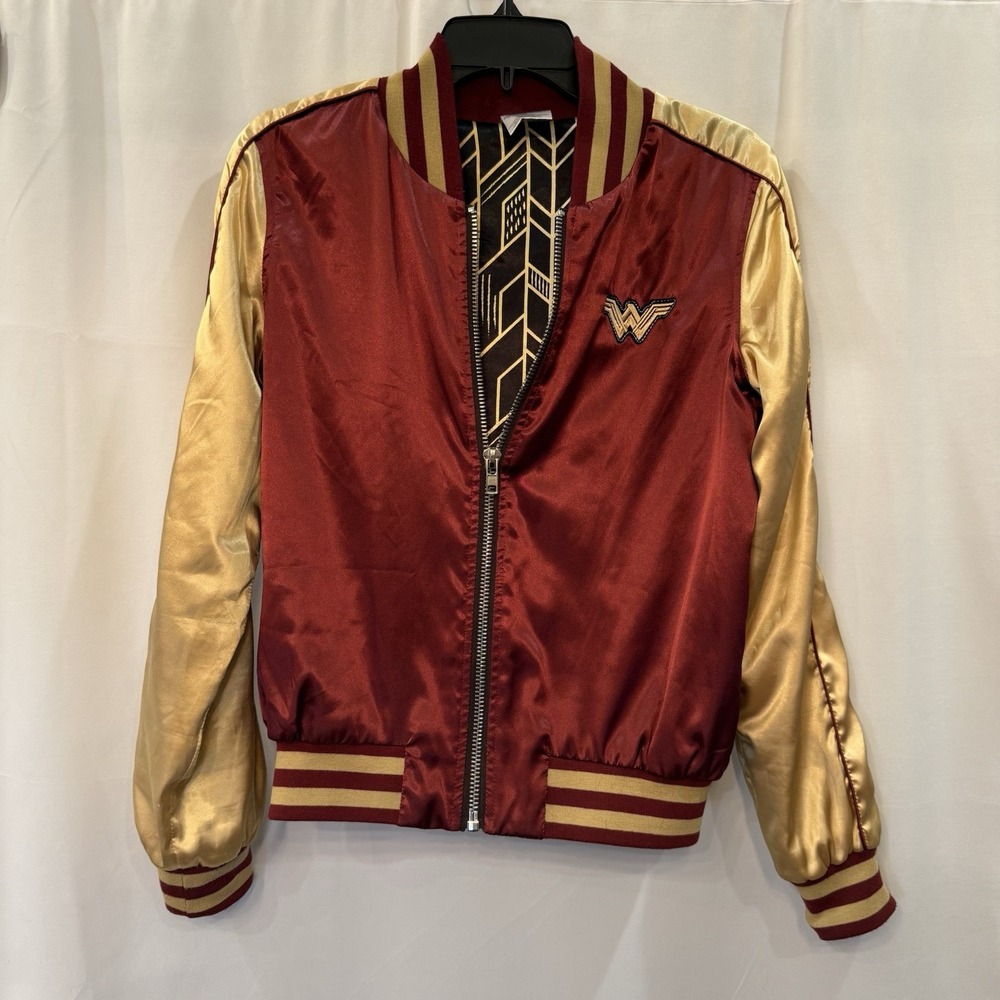 Wonder Woman Jacket Satin Letterman S Silky Yellow Burgundy Embroidered Full Zip